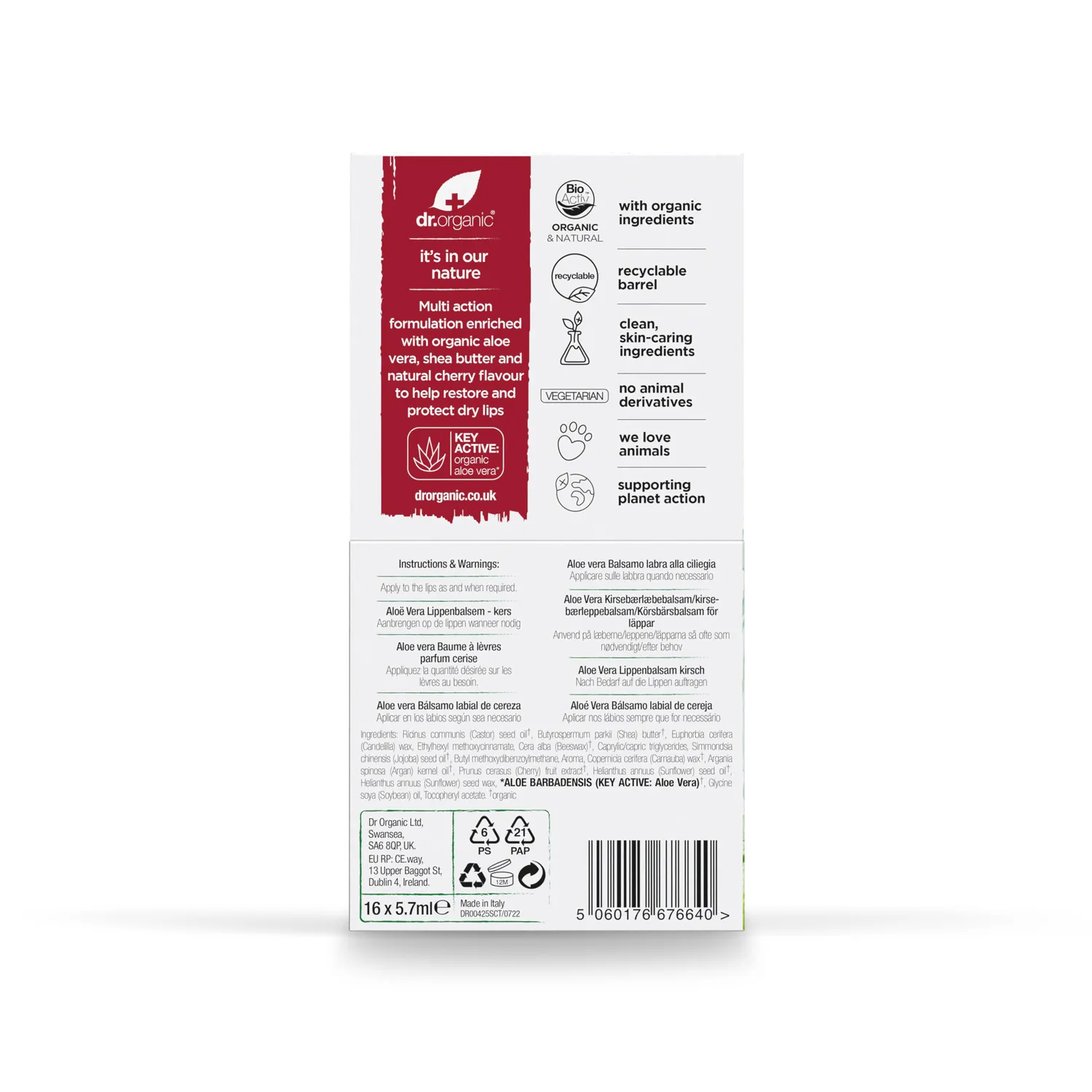 Dr Organic Aloe Vera Cherry Stick Labbra 5,7ml SPF15