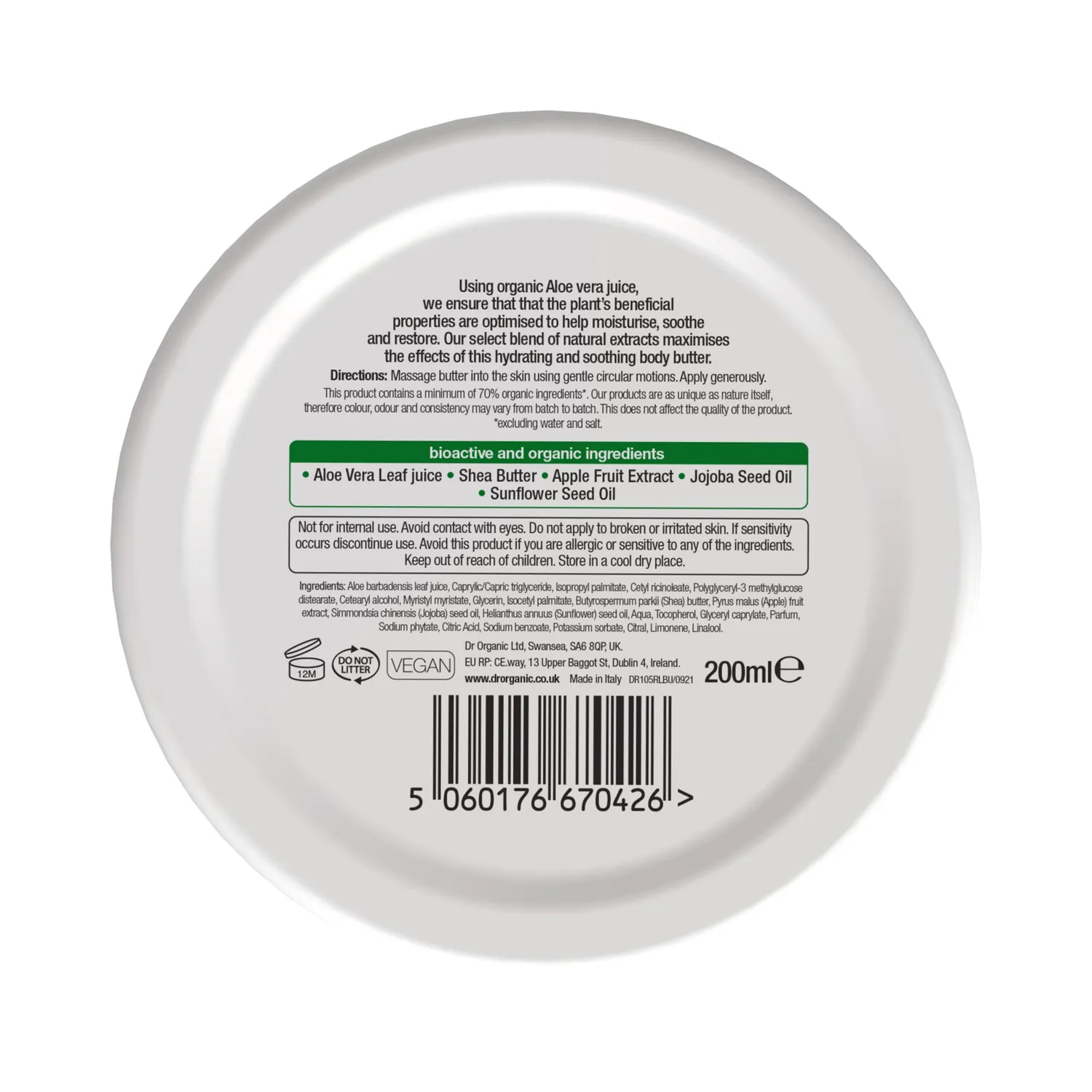 Dr Organic Aloe Vera Burro Corpo Idratante 200ml Lenitivo