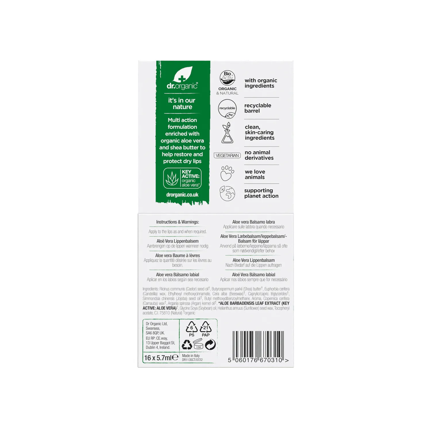 Dr Organic Aloe Vera Lip Balm 5,7ml SPF15 karitè