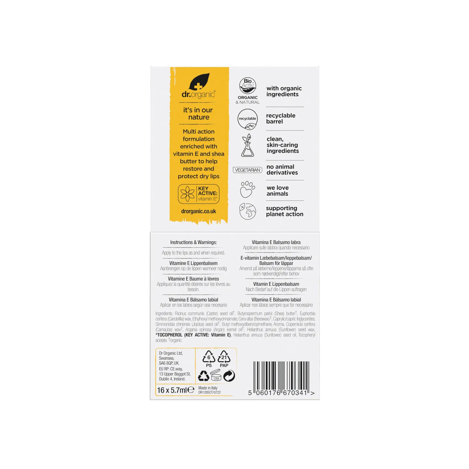 Dr Organic Vitamin E Lip Balm Stick Labbra SPF15 5,7 ml