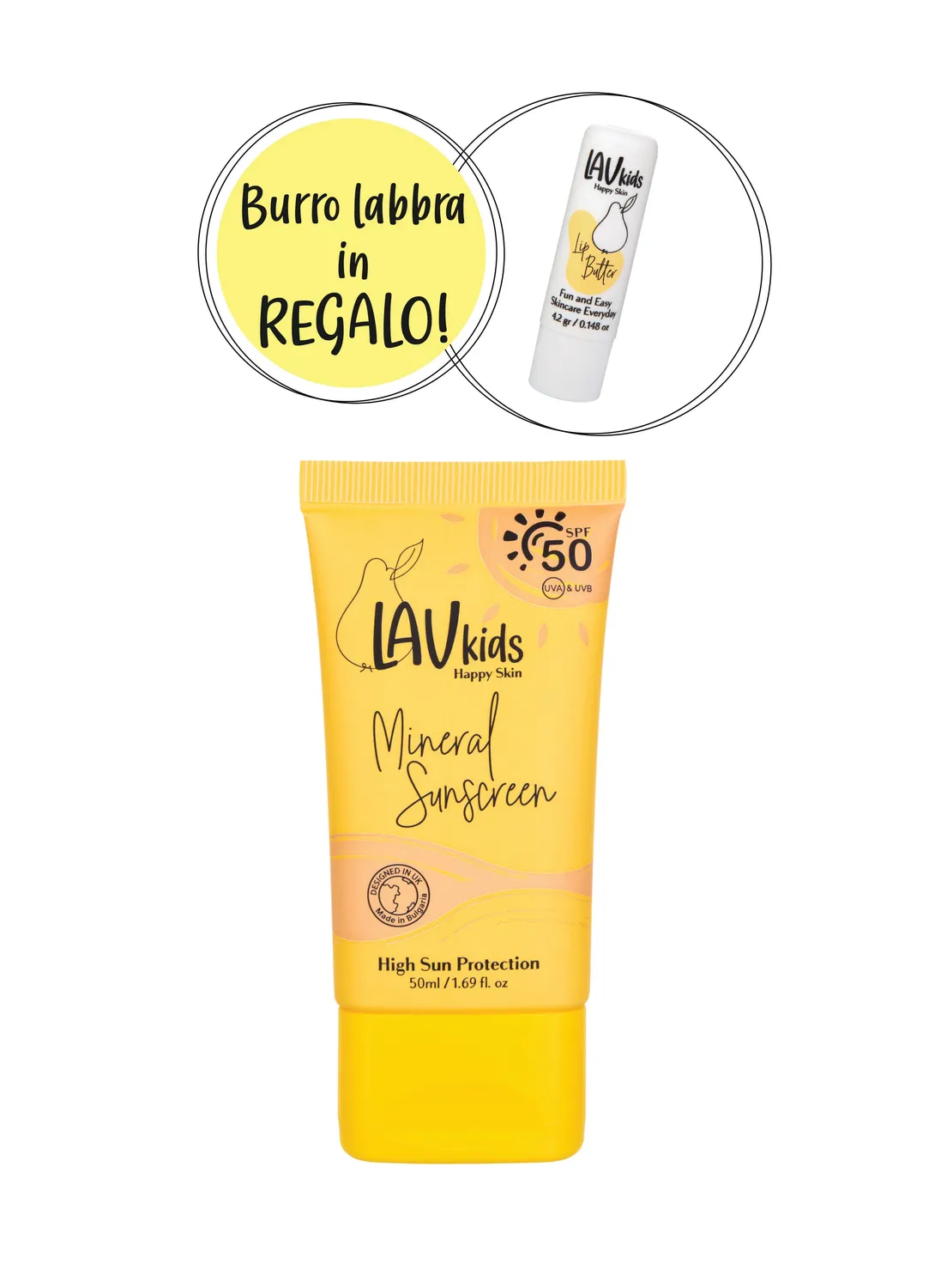 LavKids crema solare viso SPF50 minerale + burro labbra omaggio