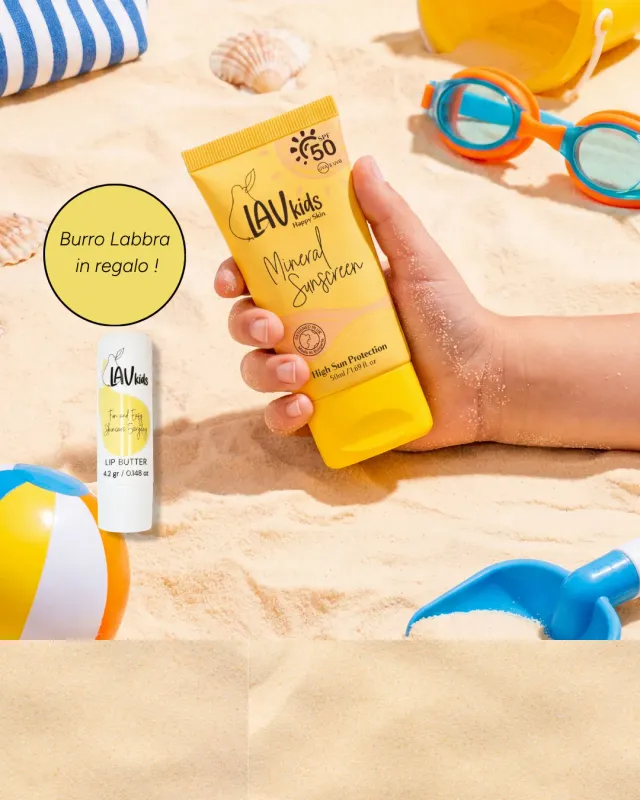 LavKids crema solare viso SPF50 minerale + burro labbra omaggio